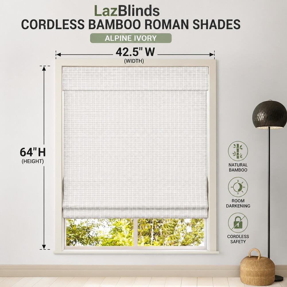 LazBlinds Cordless Bamboo Roman Shade 42.5" x 64" Alpine Ivory Room Darkening